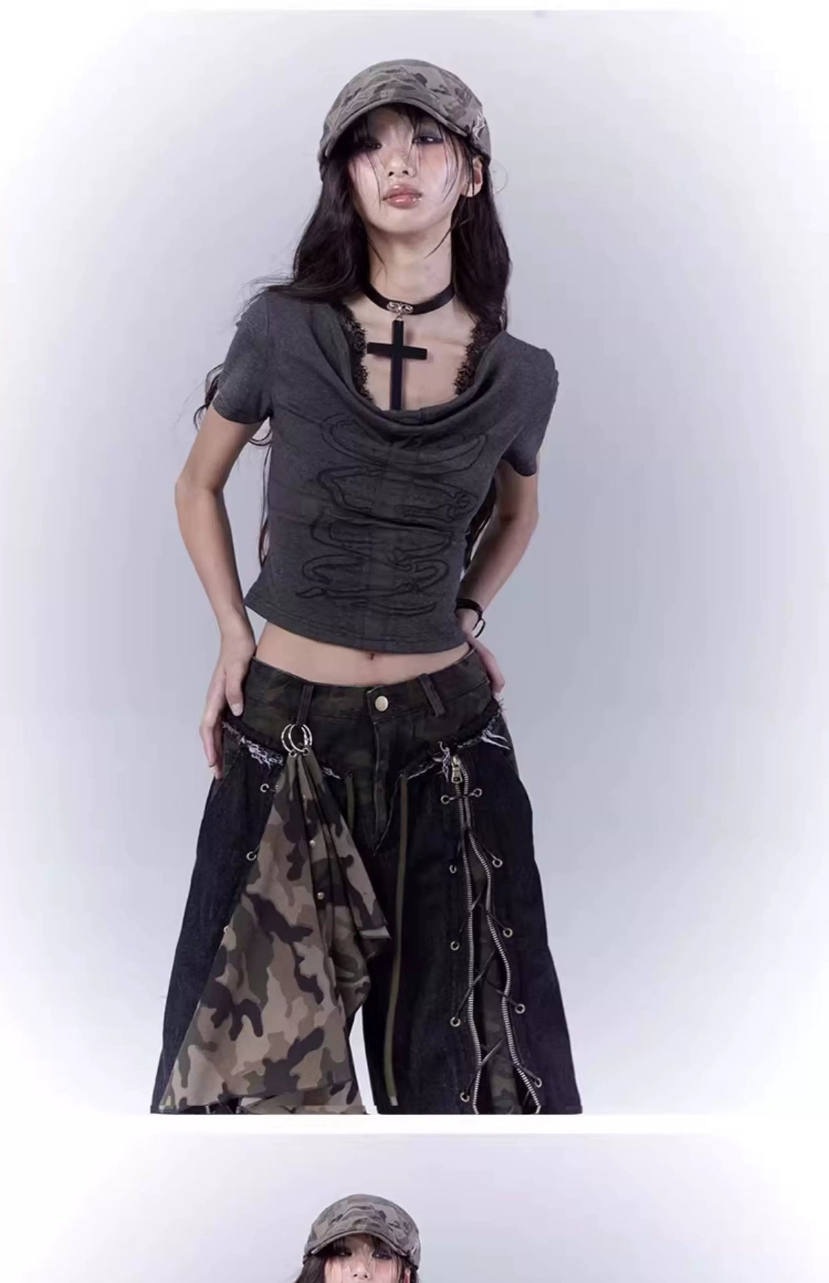 Cutout Cross Print Lace Short Sleeve T-Shirt