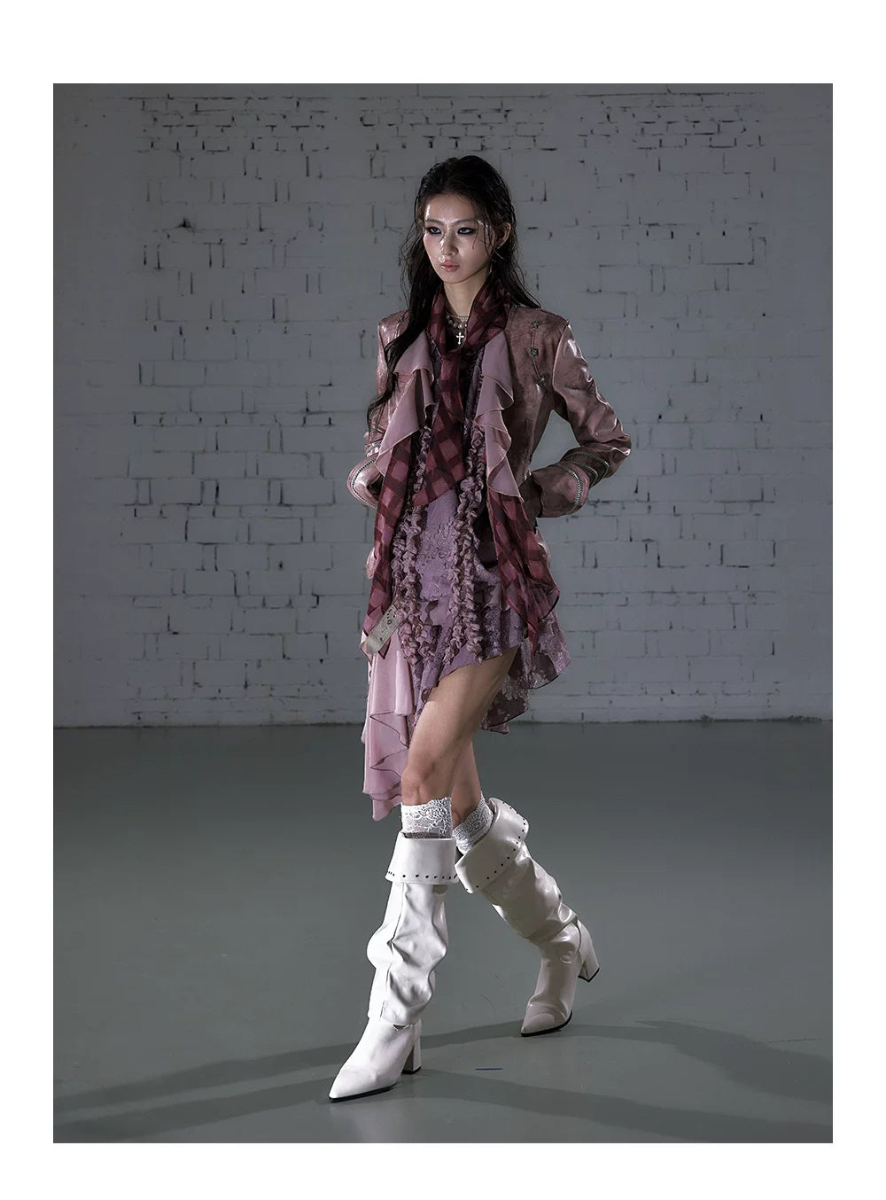 Ruffle Tie-Neck Slim Fit Long Sleeve Shirt