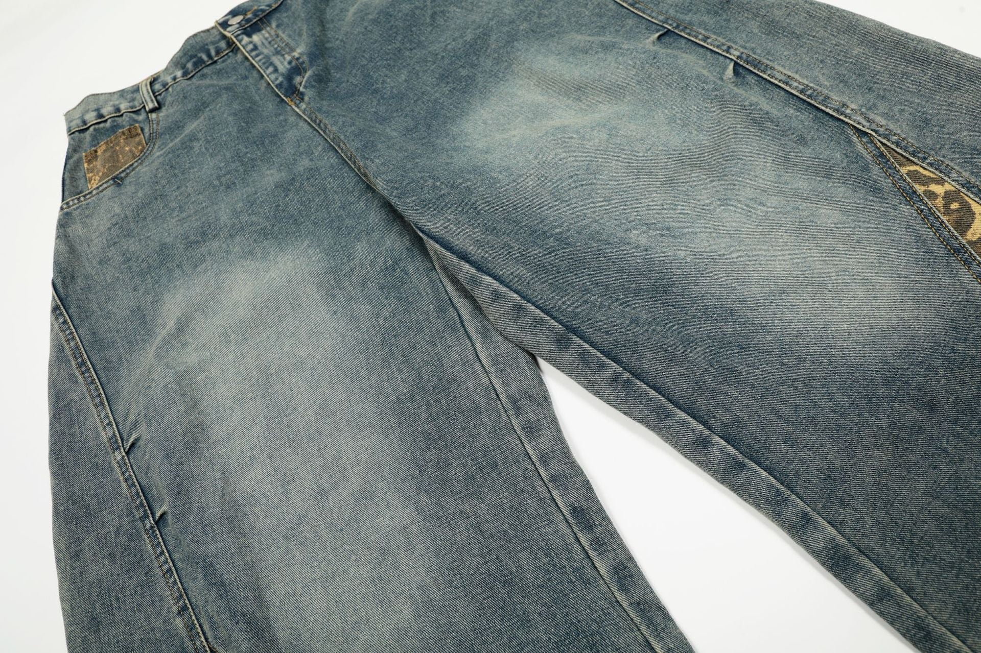 Washed Leopard Panel Curved Denim Jeans