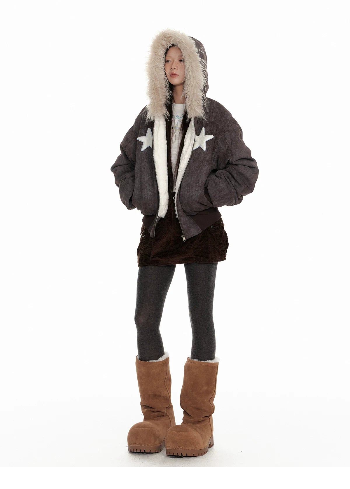 Fur Trim Patchwork Hooded Puffer Jacket