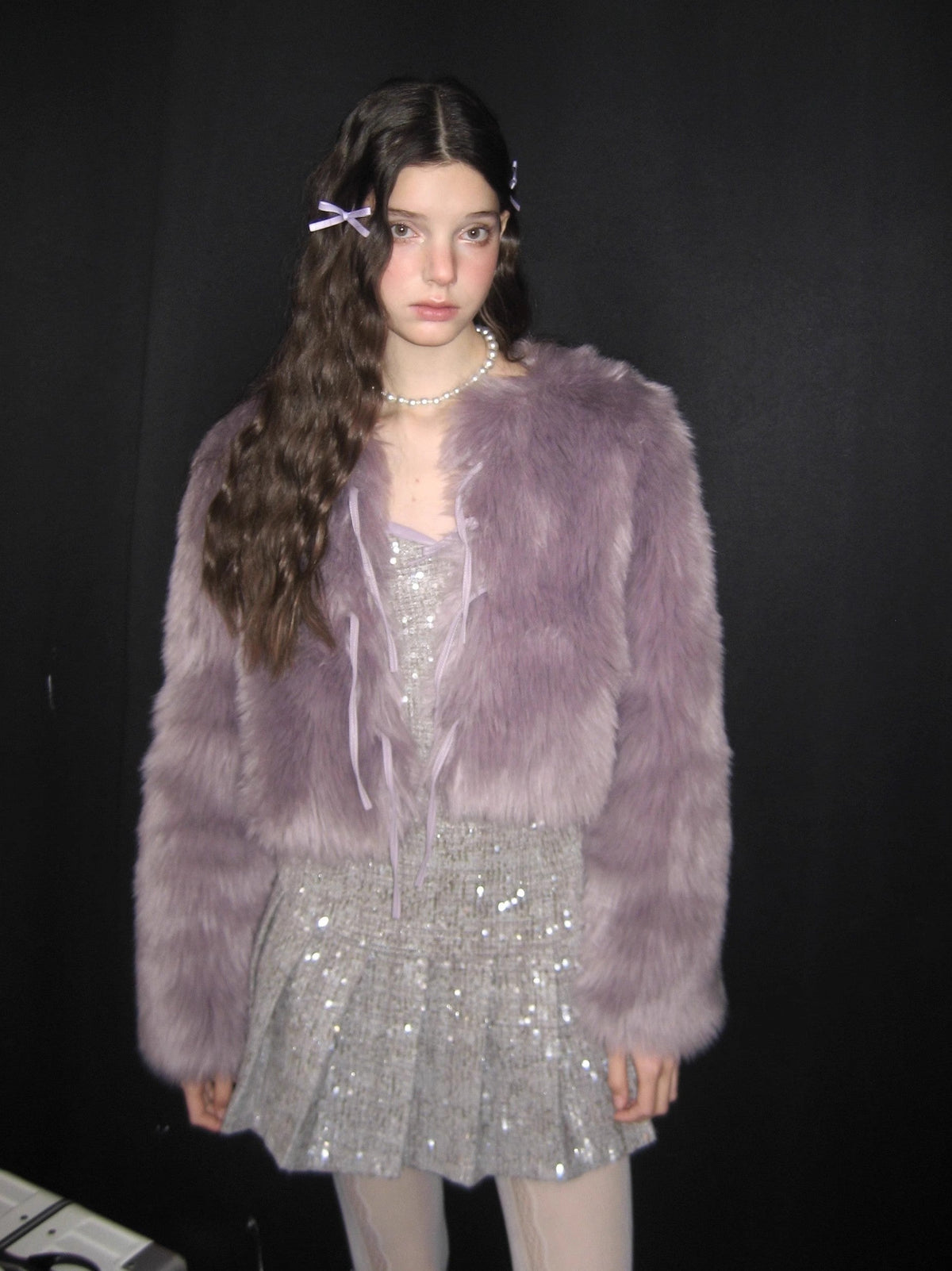 PU Leather Mix Bow Fur Jacket