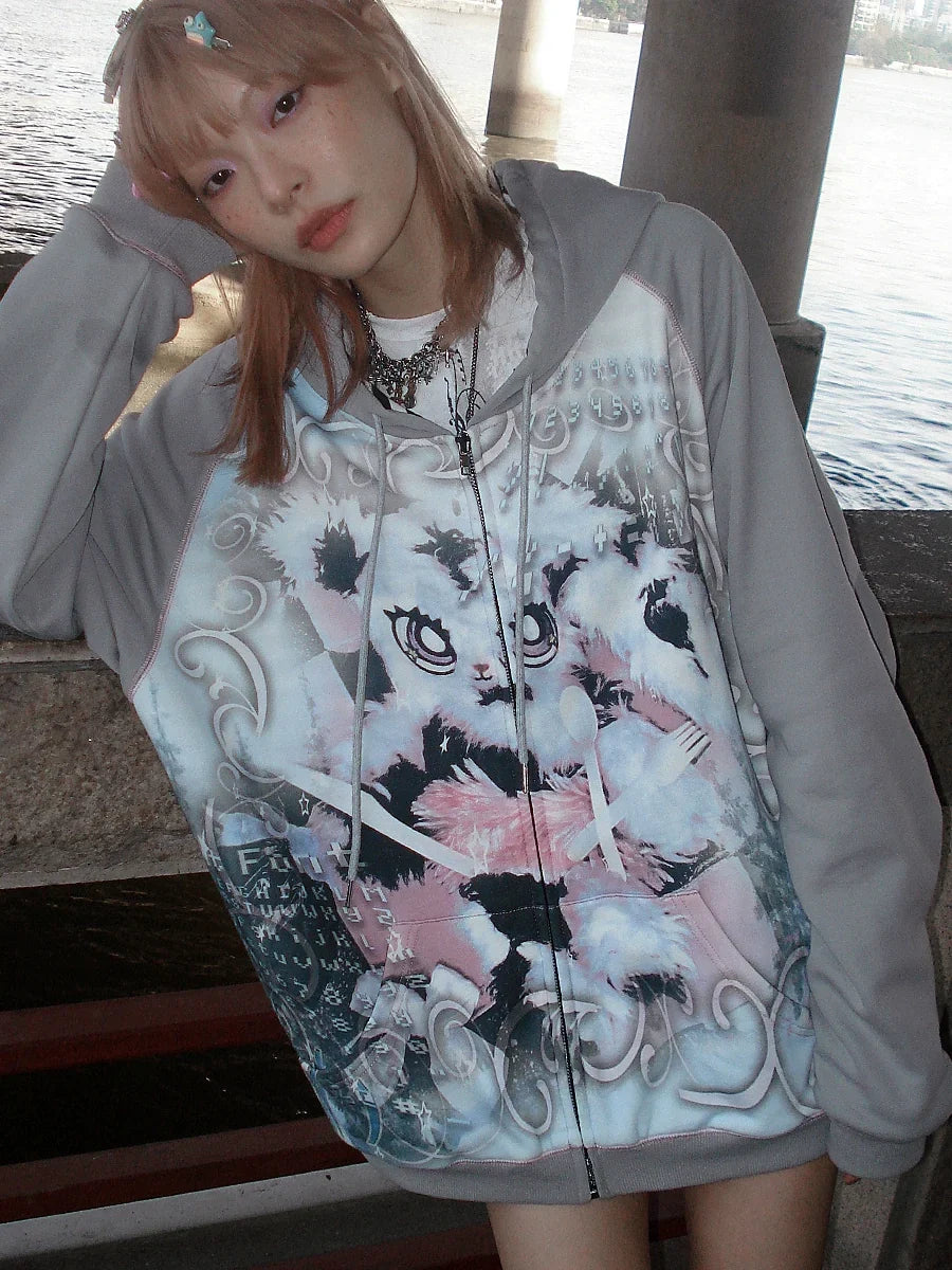 Sweat à capuche oversize à motif lapin avec fermeture éclair