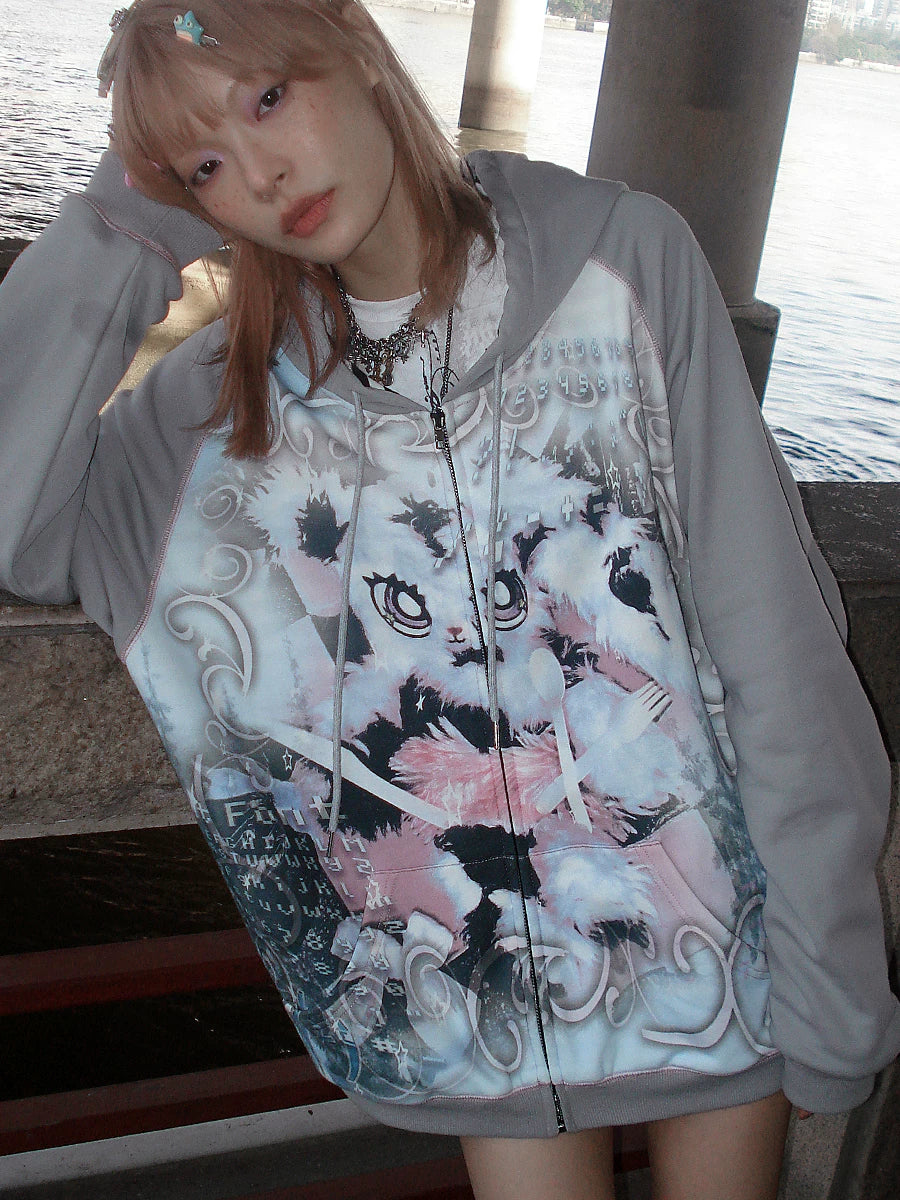 Sweat à capuche oversize à motif lapin avec fermeture éclair