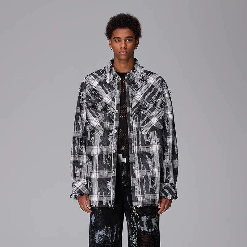 Patchwork Embroidery Plaid Oversize Long Sleeve Shirt