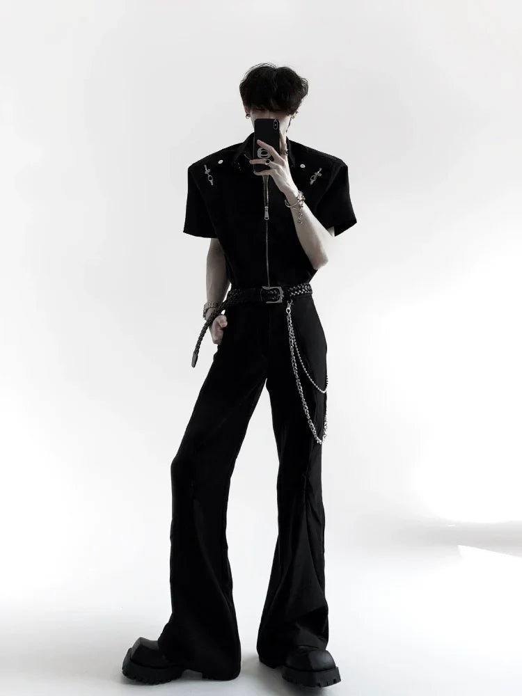 Metal Deconstruction Shoulder-Pad Zipper Short Sleeve Shirt
