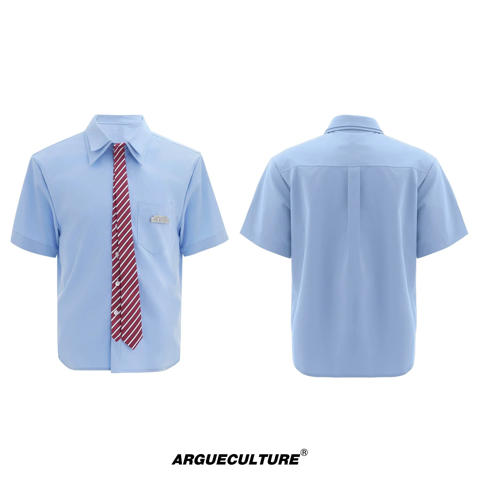 Double Collar Design Tie & Collared Short Sleeve Shirt