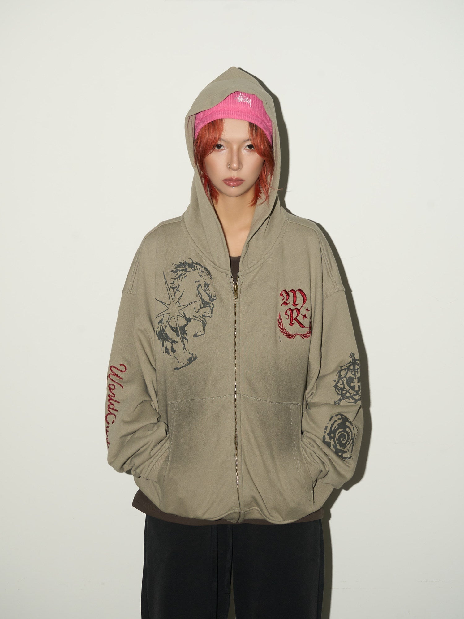 Embroidery Damage Zipper Hoodie