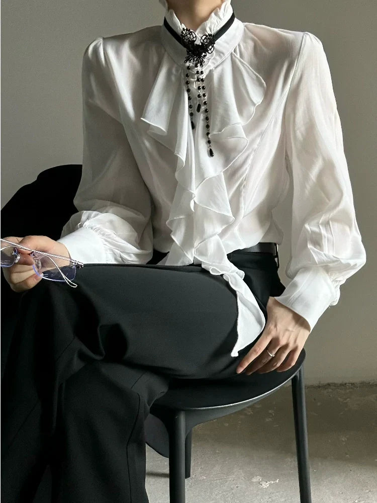 Ruffled Slim Shirt & Necklace