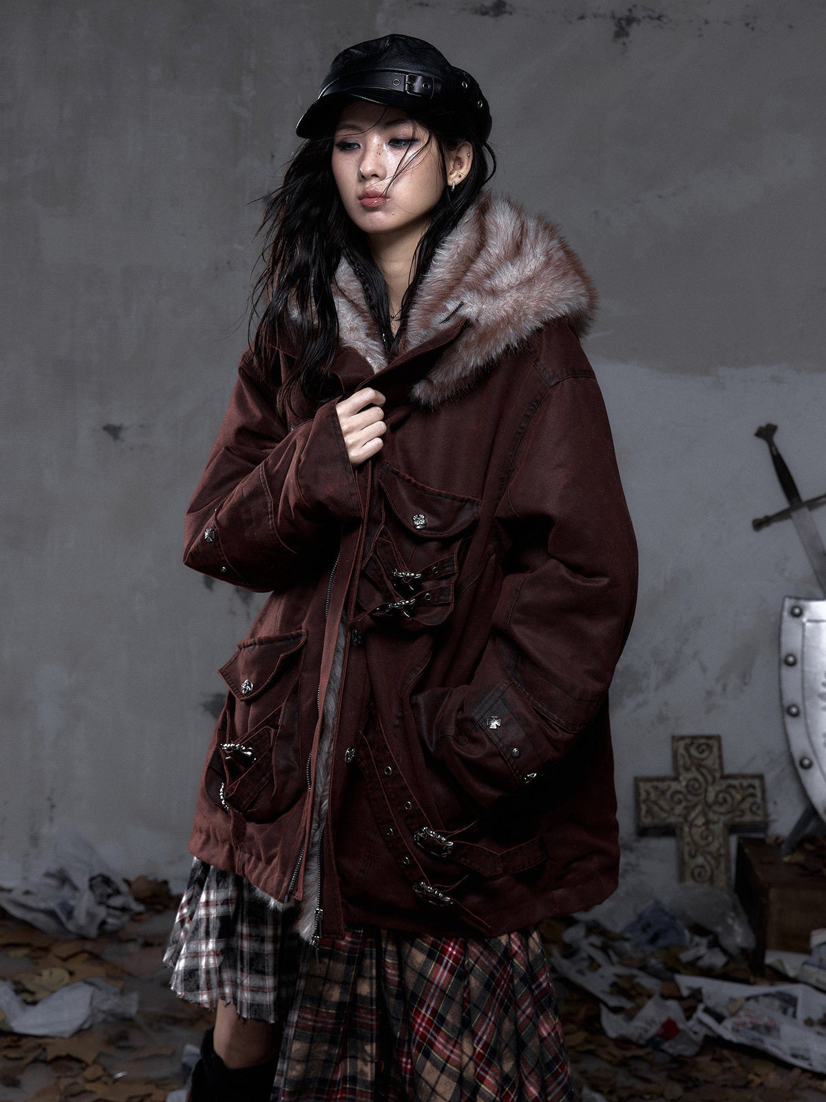 Fake Fur Hooded Multi-Pocket Buckle Detail Jacket
