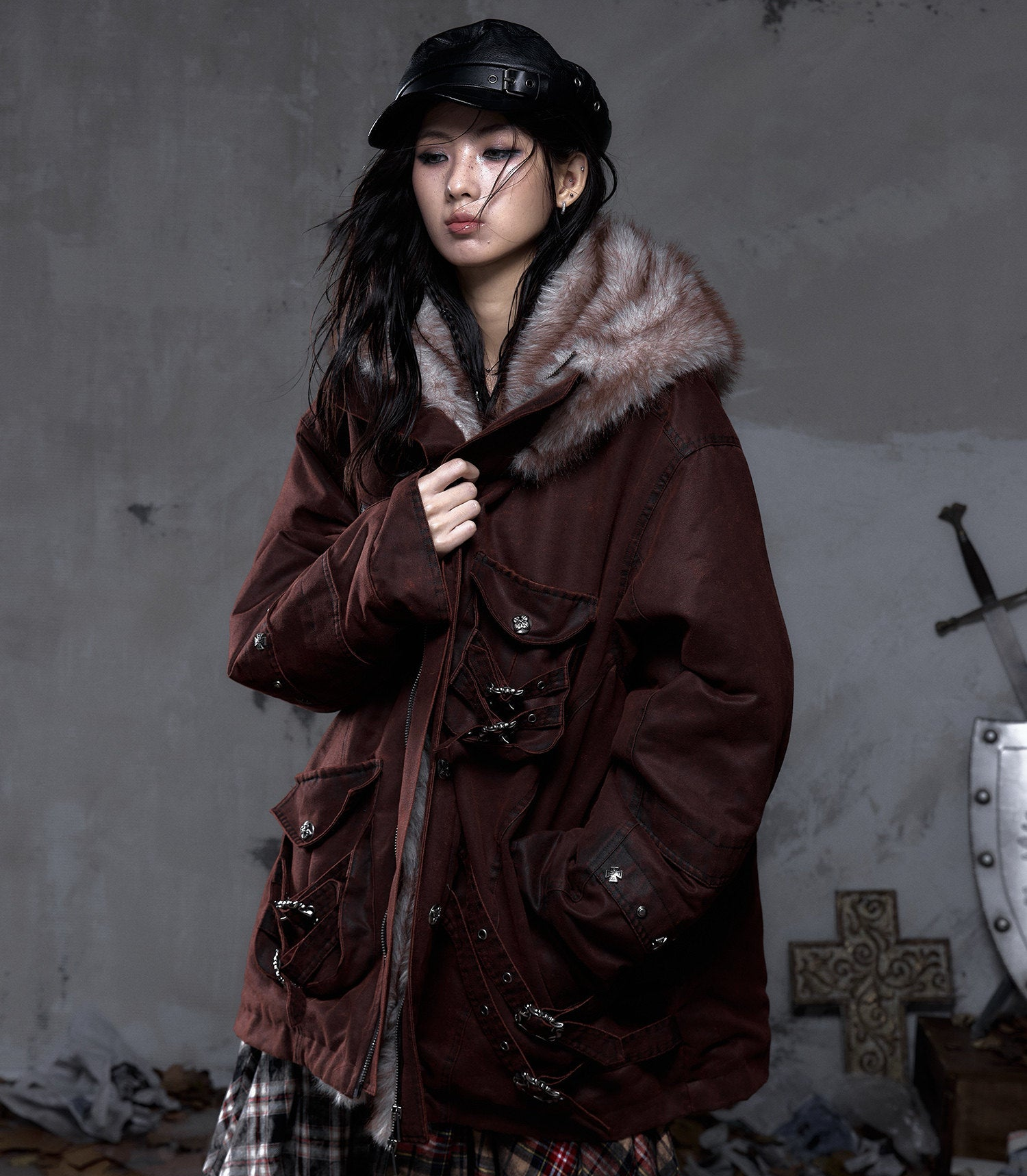 Fake Fur Hooded Multi-Pocket Buckle Detail Jacket