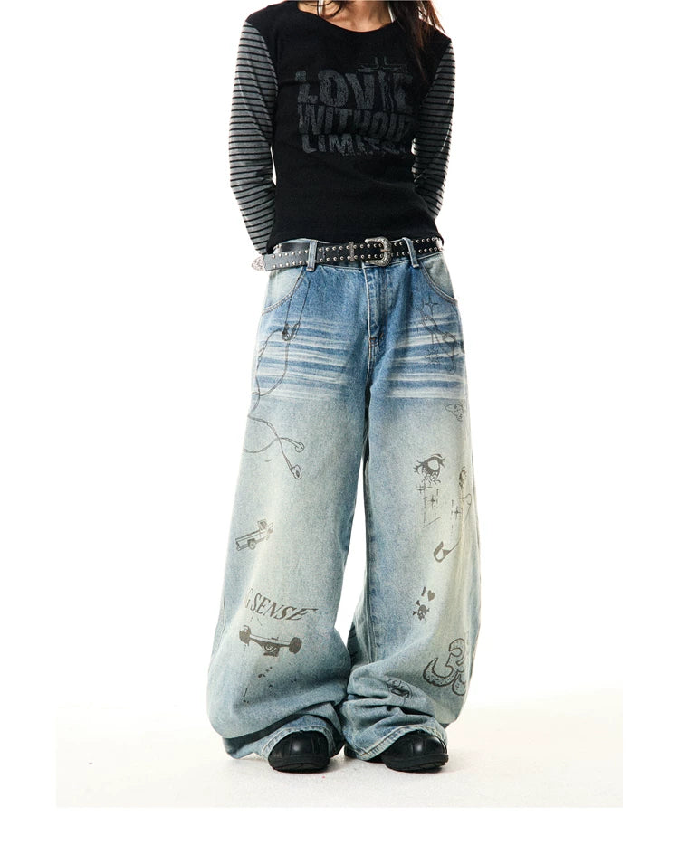 Washed Graffiti Print Wide Leg Denim Jeans