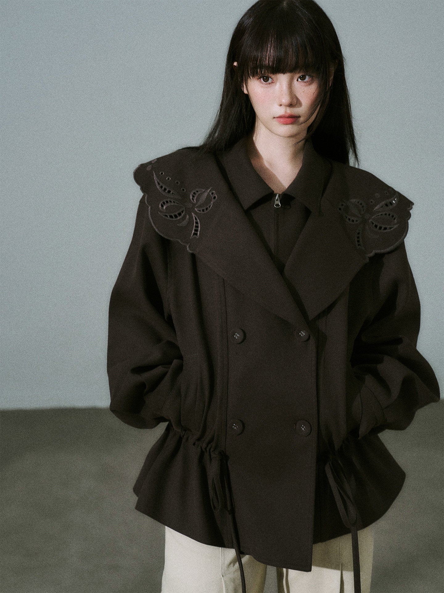 Embroidery Collar Drawstring Waist Double-Breasted Jacket
