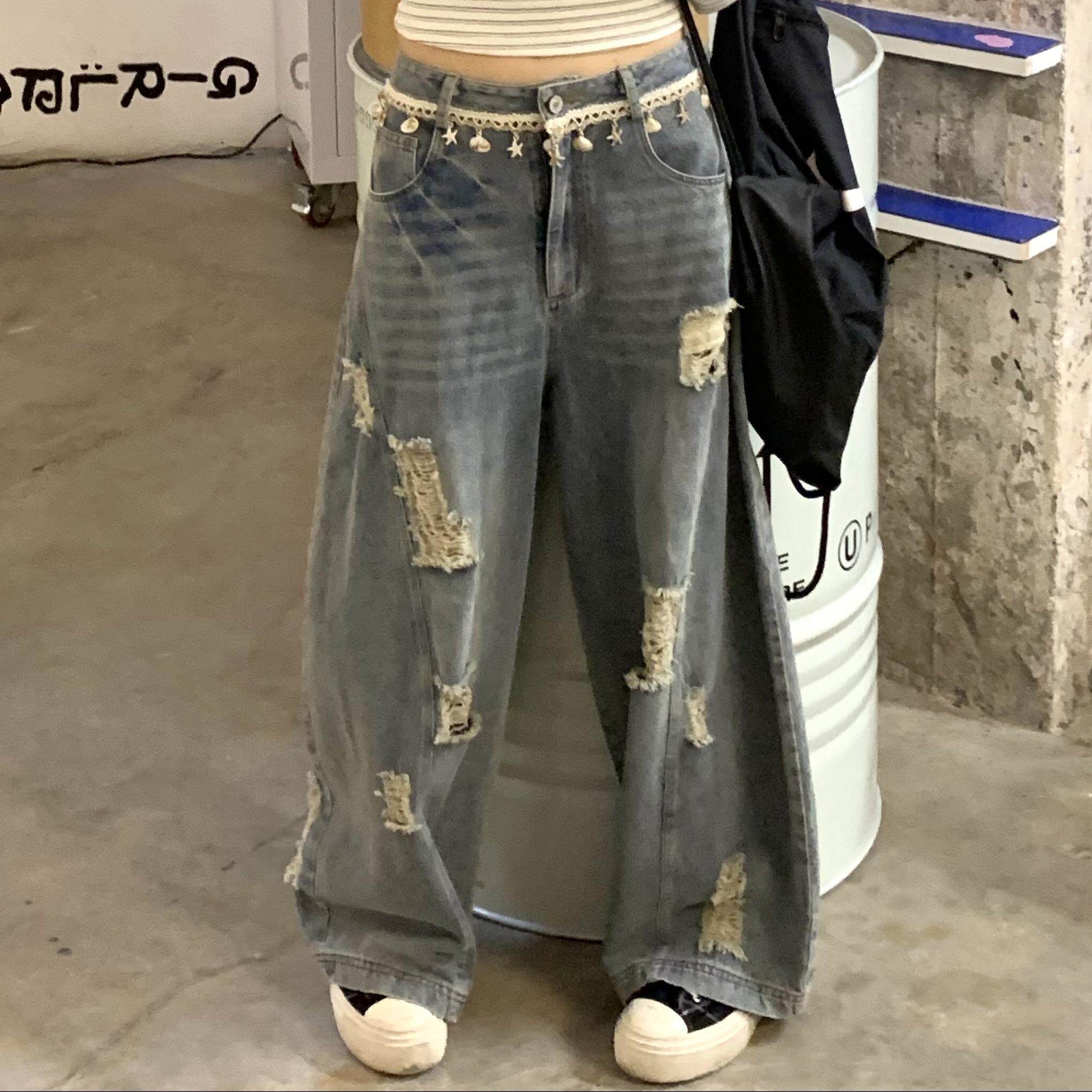 Washed Damage Wide Leg Shell Decoration Denim Jeans