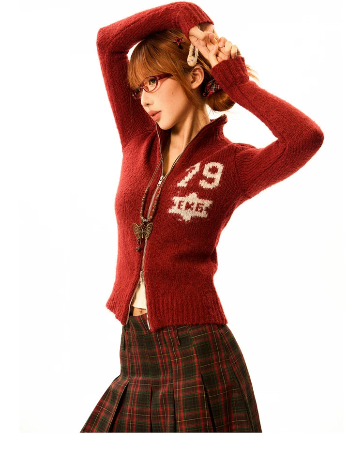 Number Patch Knit Zipper Stand Neck Cardigan