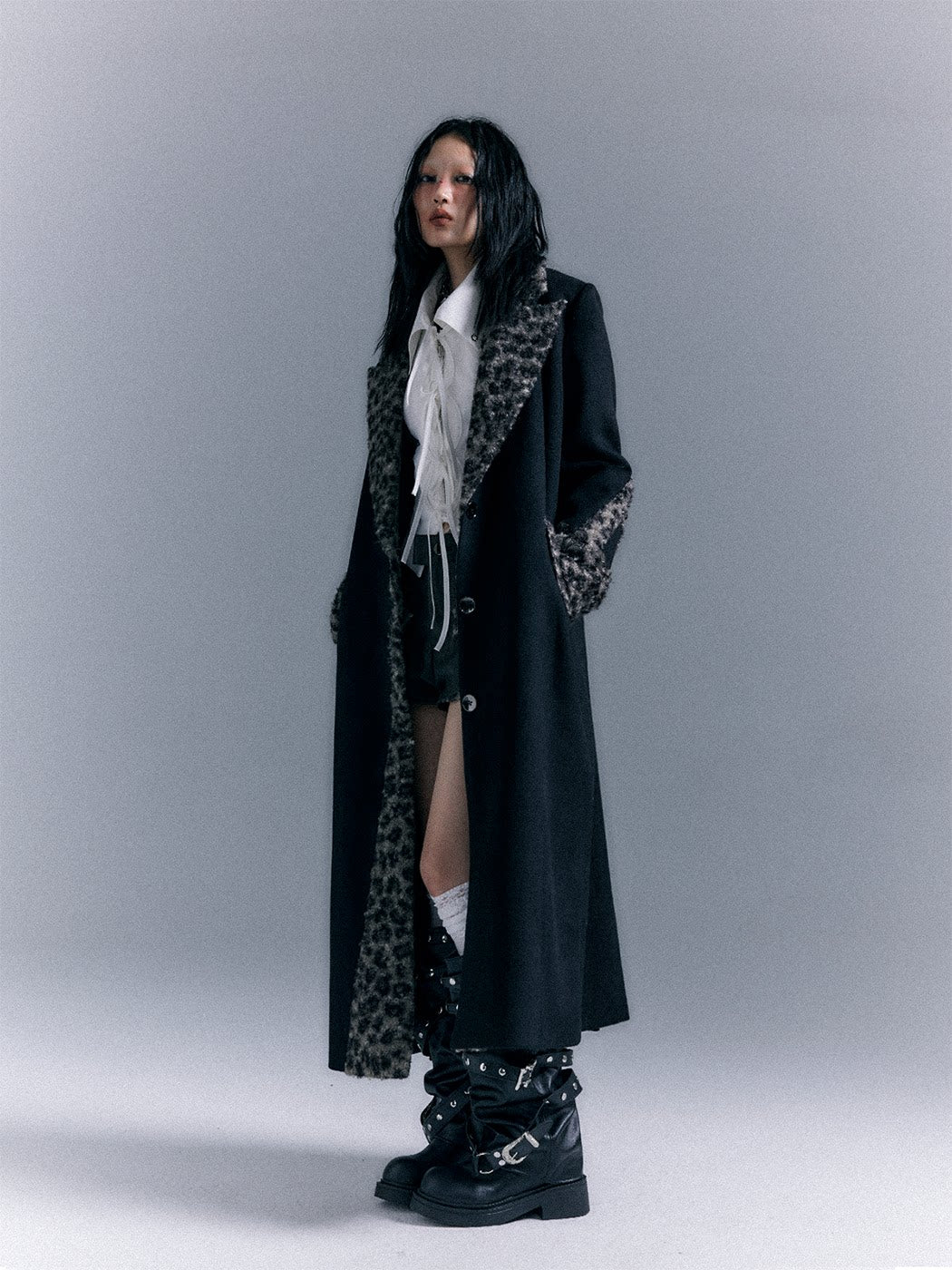 Shoulder Pad Leopard Print Patchwork Wool Coat