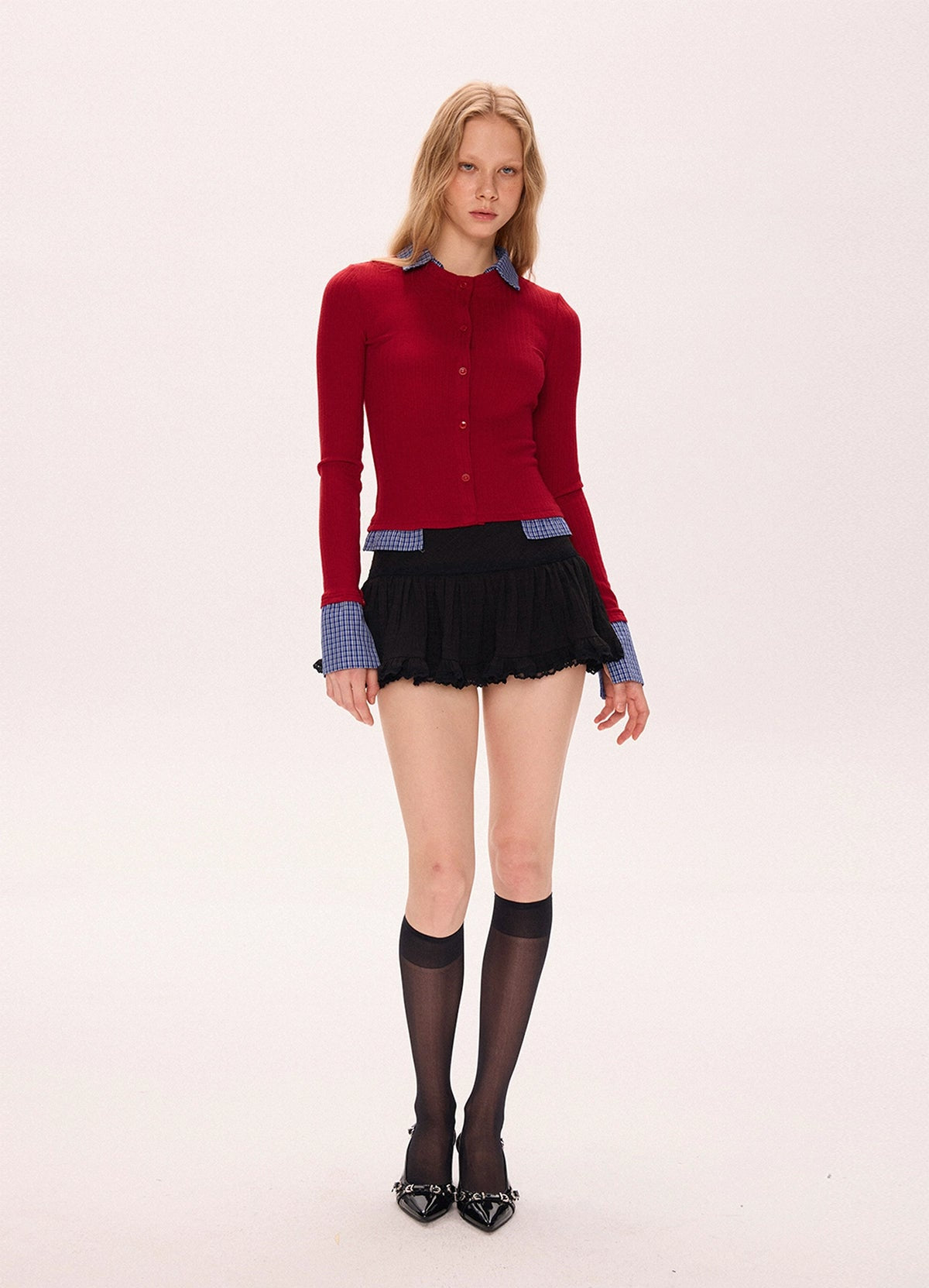 Two Tone Polo Neck Patchwork Knit Shirt