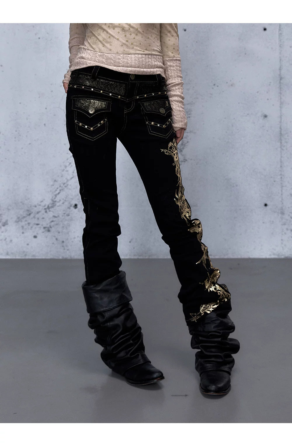 Embroidery Low Rise Straight Denim Jeans