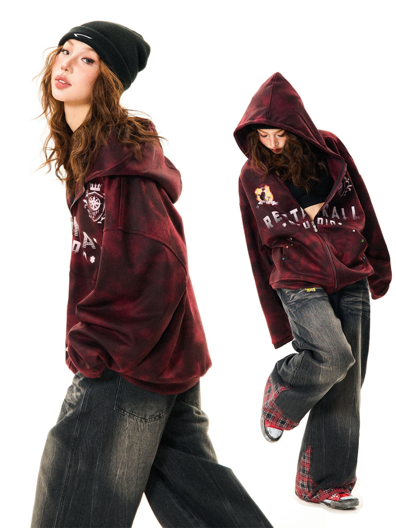 Tie-Dye Letter Print Oversize Zipper Hoodie