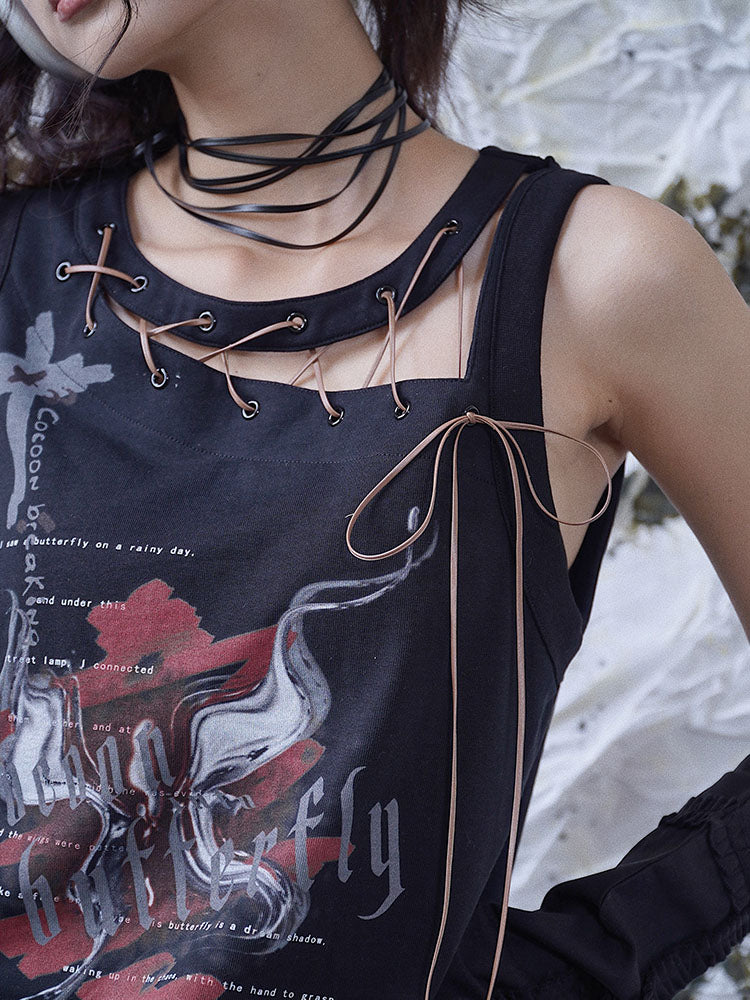 Tie-Strap Graphic Print Tank Top
