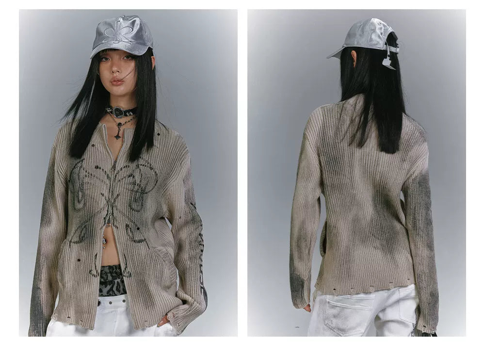 Washed Damage Graffiti Design Oversize Knit Cardigan