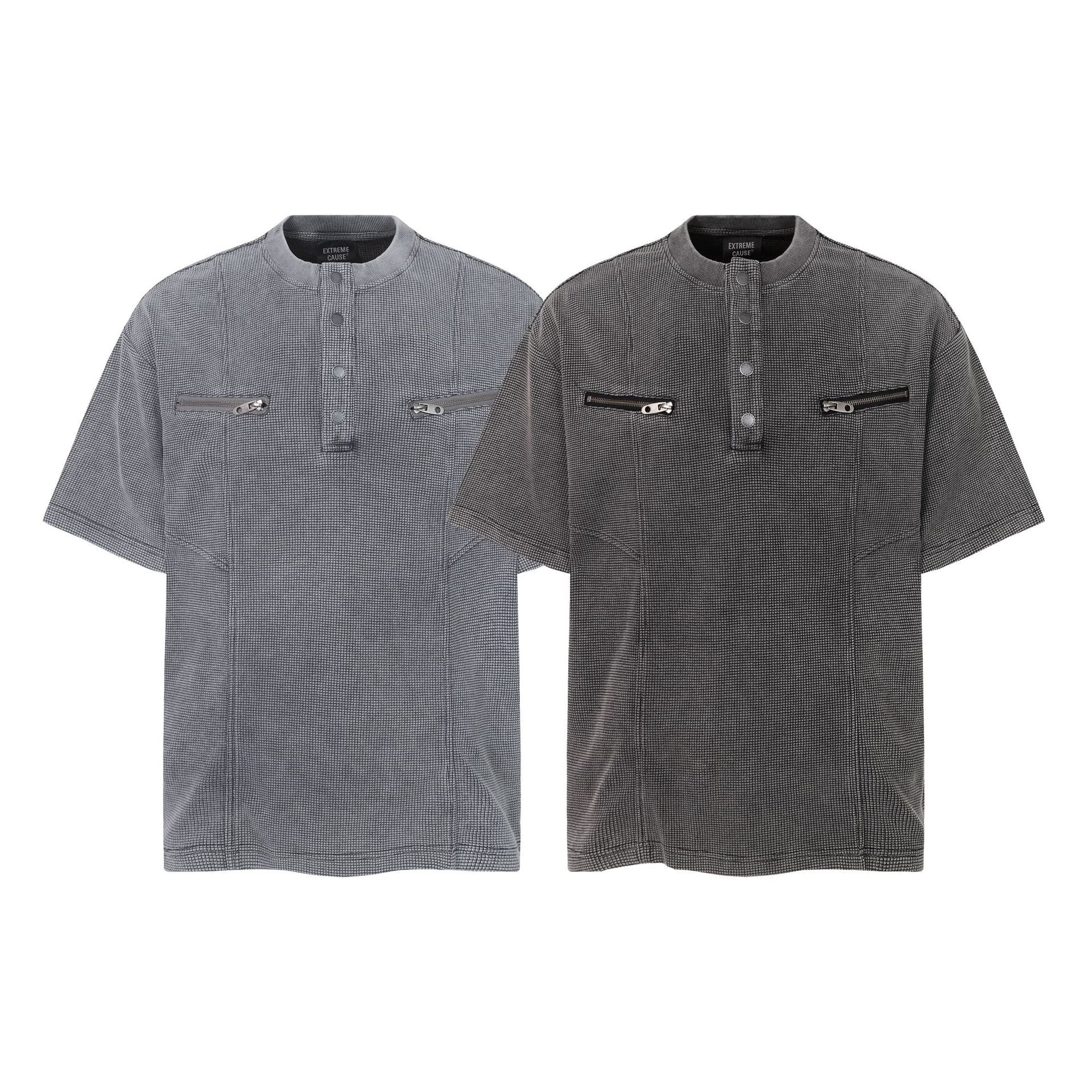 Half-Open Collar Check Wash Damage Short Sleeve T-Shirt