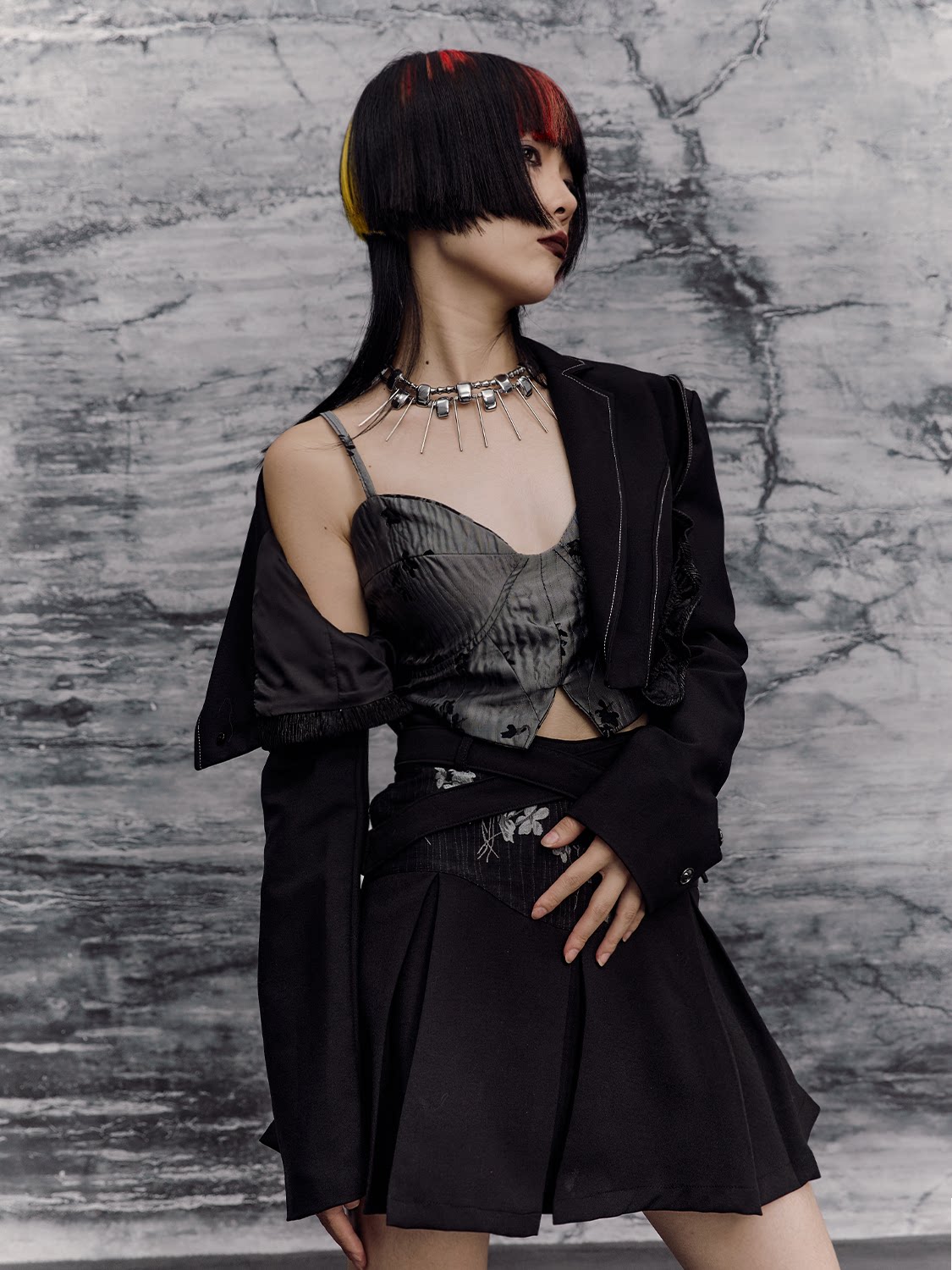 Floral Camisole Bustier & Flare Leg Warmers & Pleats Skirt & Cropped Jacket Setup