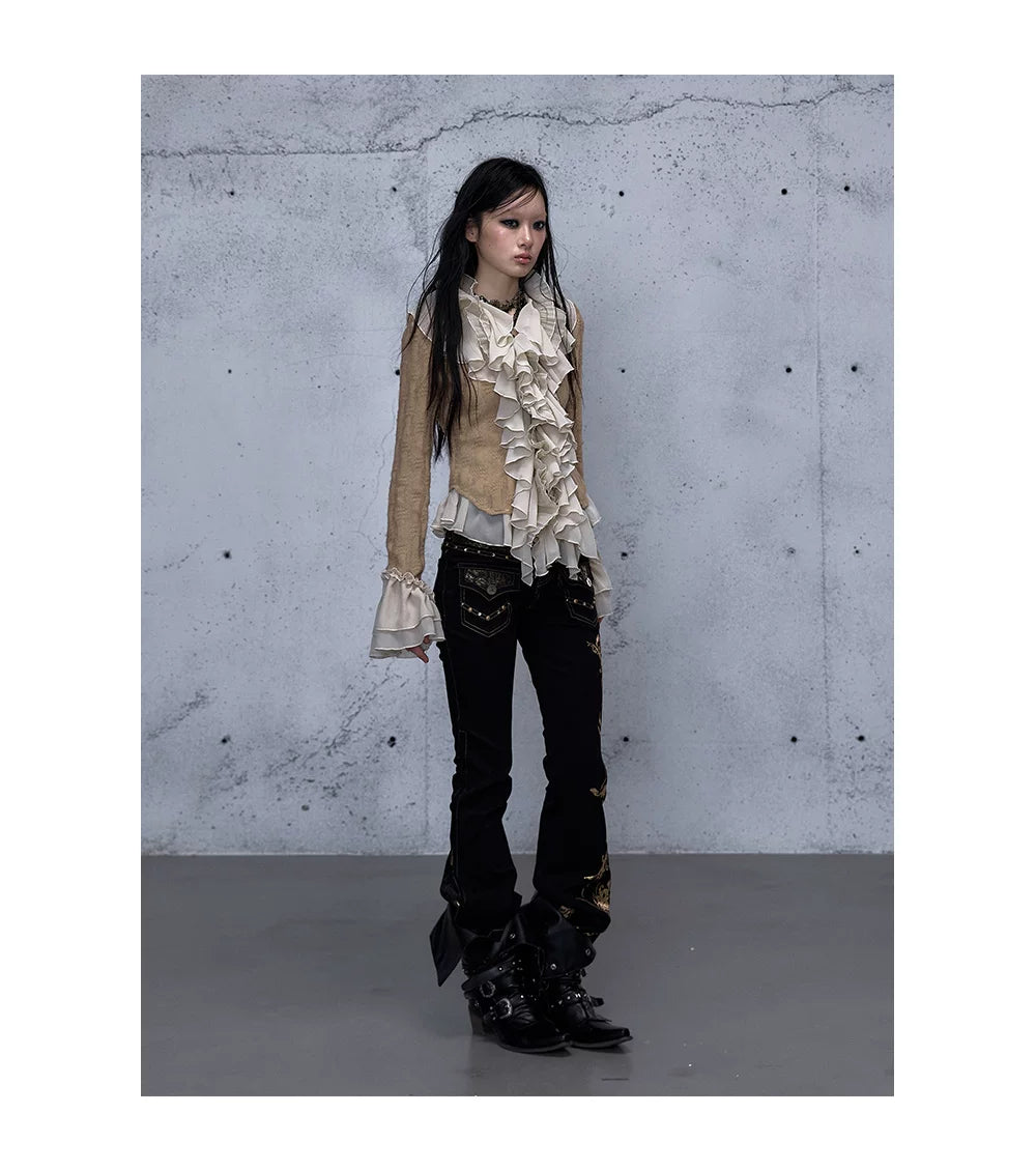 Embroidery Low Rise Straight Denim Jeans