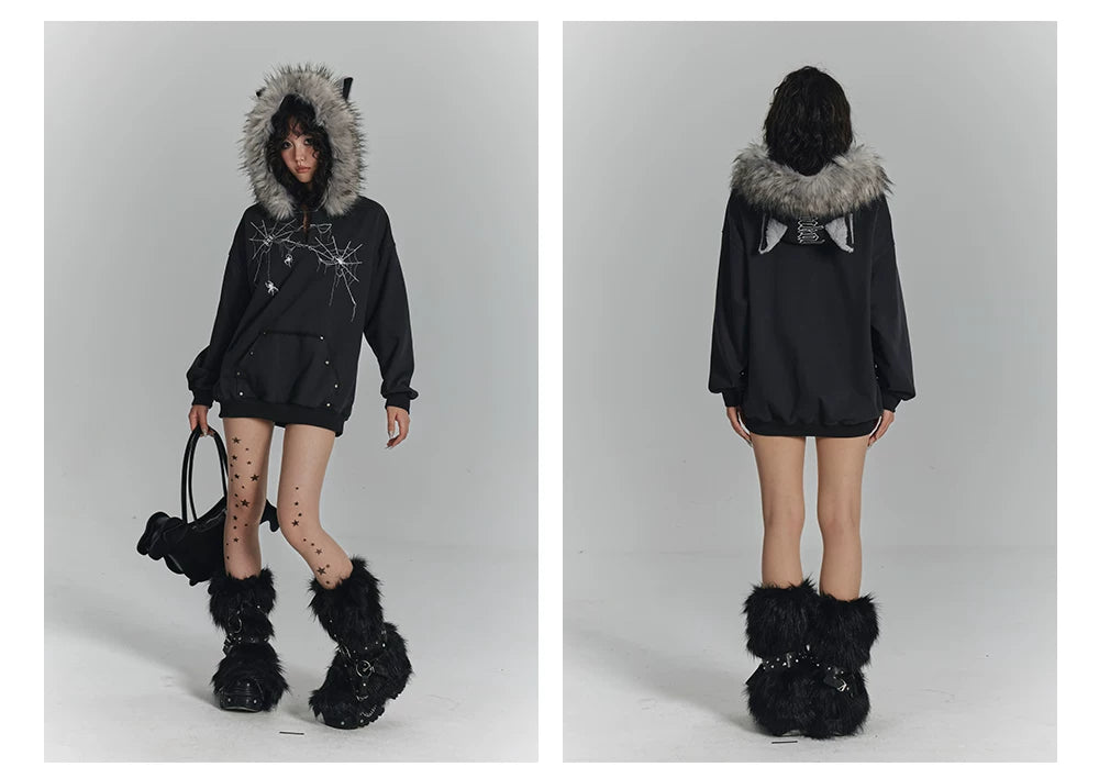 Spider Web Print Fur Collar Cat Ear Oversize Zipper Hoodie
