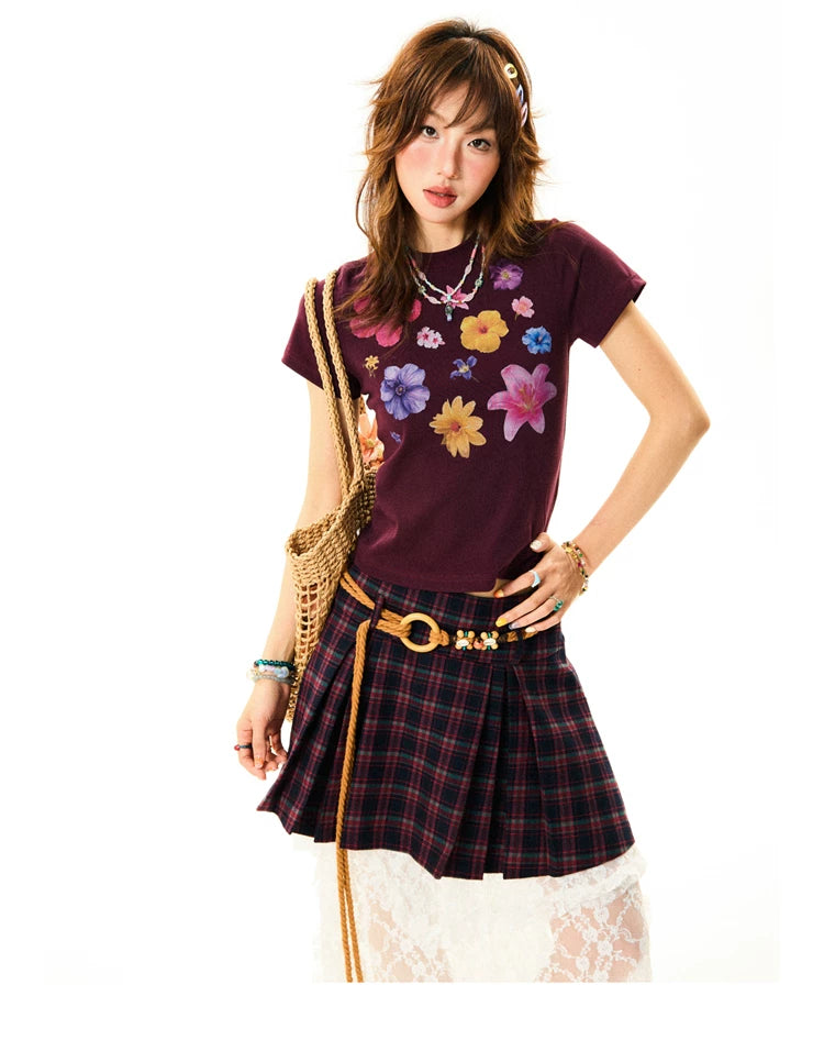 Flower Print Cropped Short Sleeve T-Shirt
