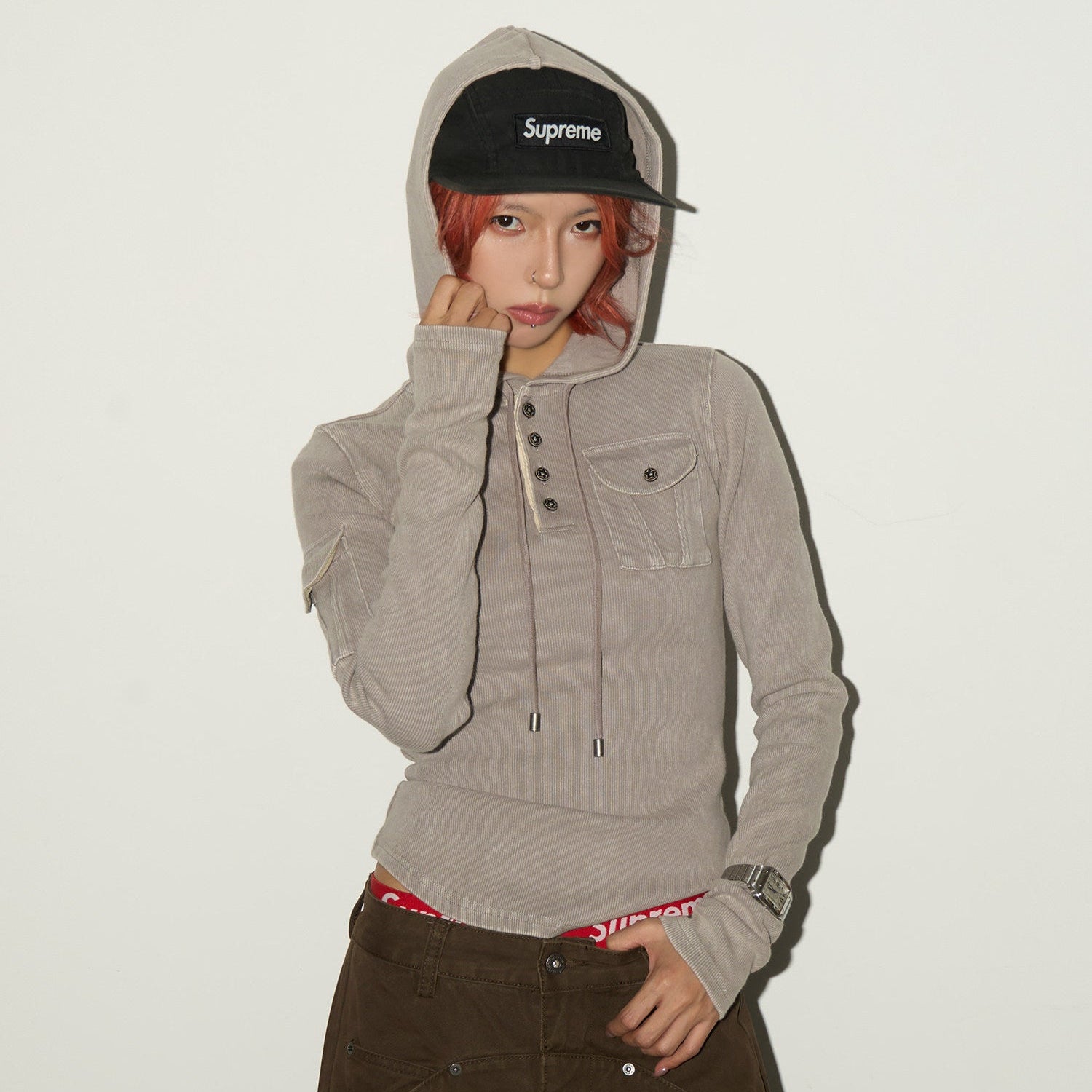 Ribbed Henley Fitted Hooded Long Sleeve T-Shirt