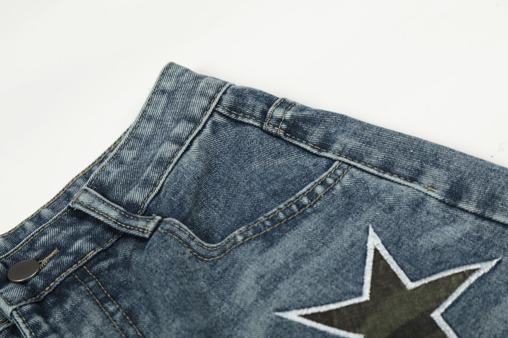 Washed Star Applique Wide Leg Denim Jeans