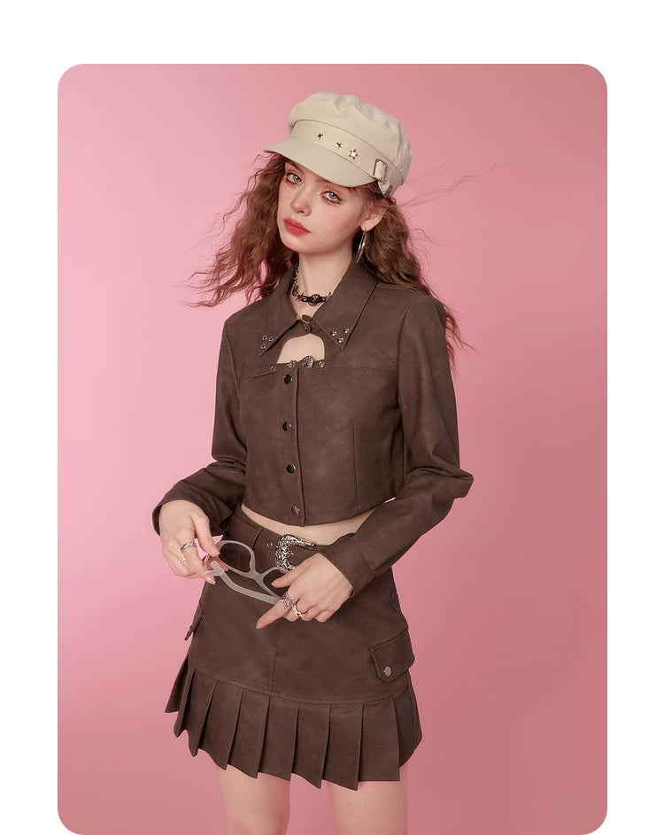 PU Leather Short Jacket & Short Pleats Skirt Setup