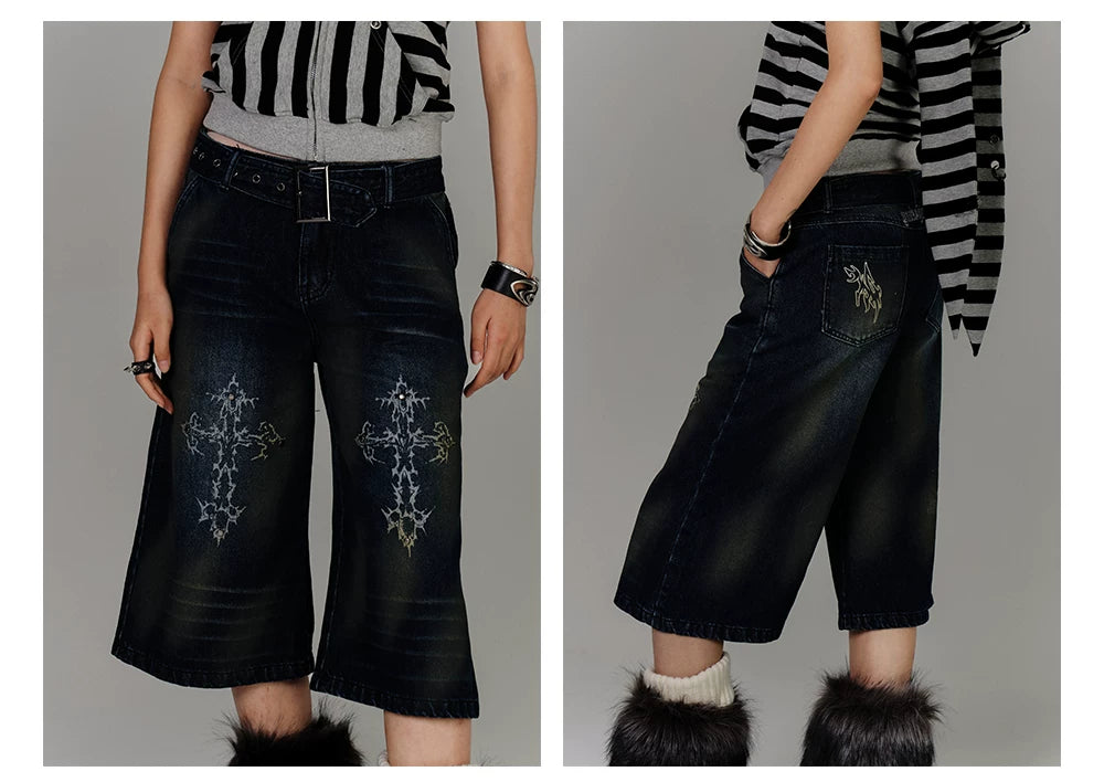 Washed Damage High-Waist Cropped Straight Denim Jeans