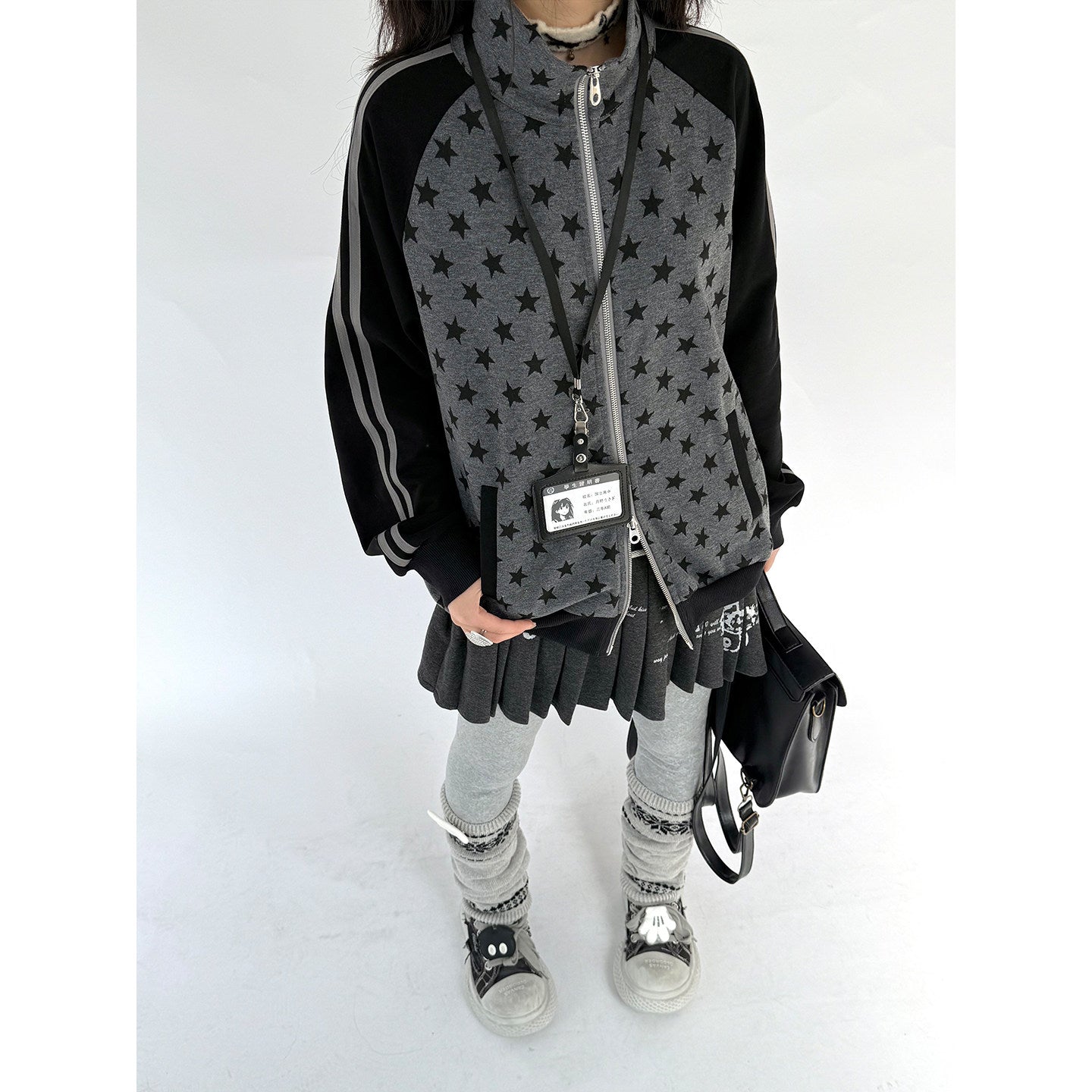 Star Print Double Zipper High-Neck Oversize Cardigan