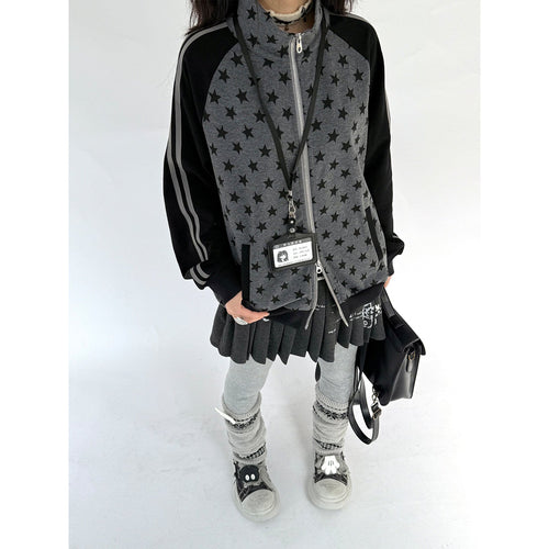 Star Print Double Zipper High-Neck Oversize Cardigan - Gray(presale) / S