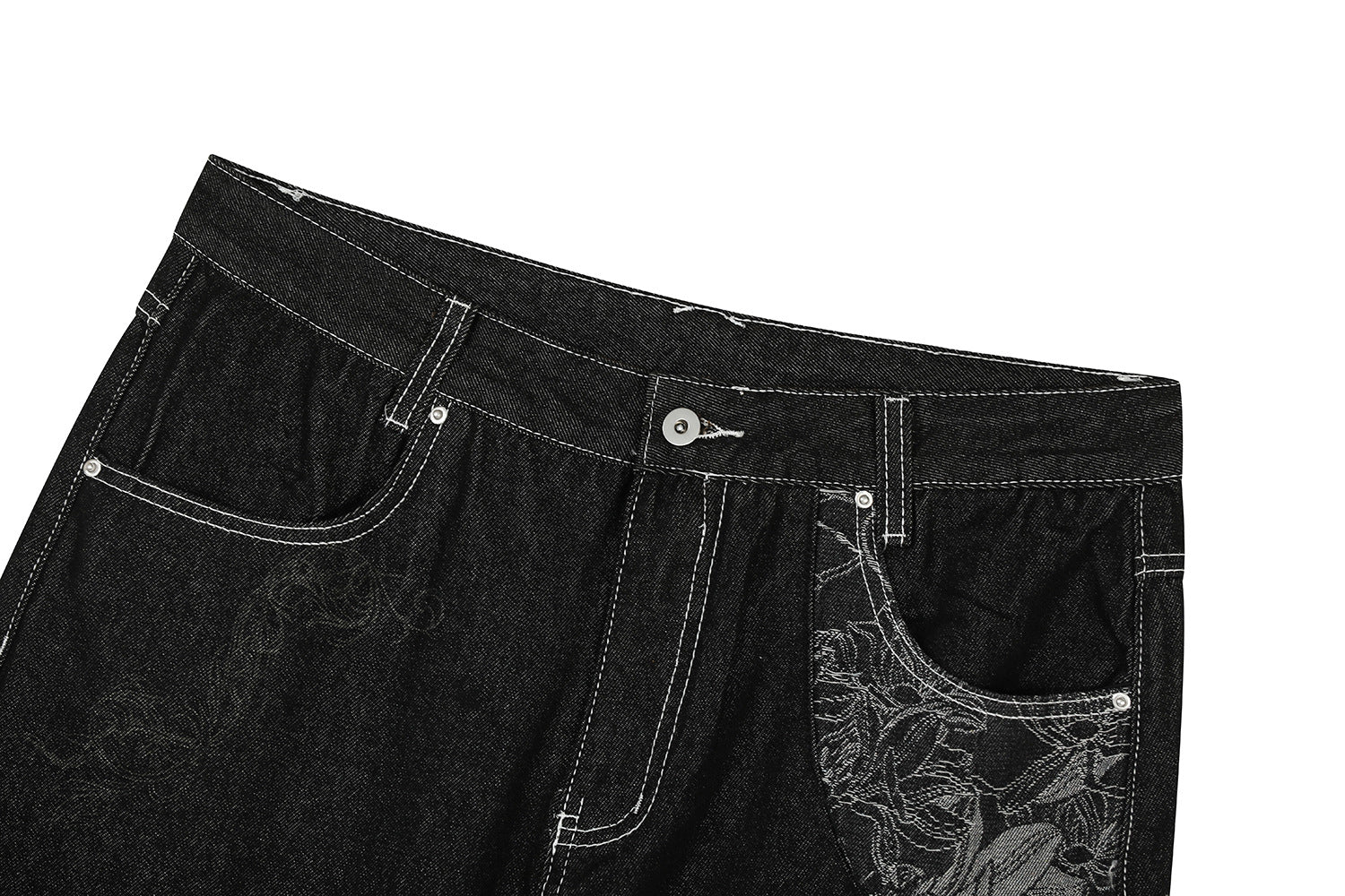Contrast Stitch Bandana Patch Wide Leg Denim Jeans
