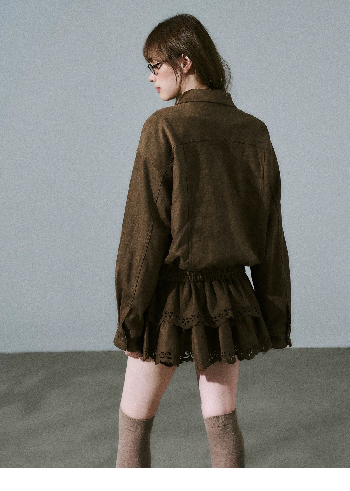 Suede Zipper Jacket & Scalloped Skirt Setup