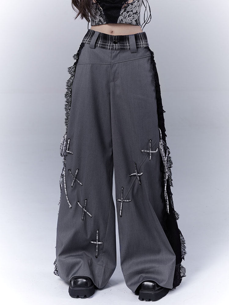 Design Lace Patchwork Tie Detail Drapey Trousers