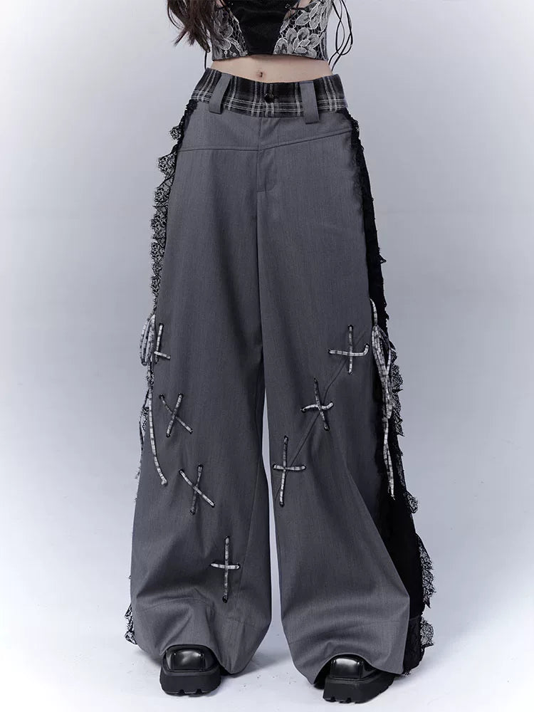 Design Lace Patchwork Tie Detail Drapey Trousers