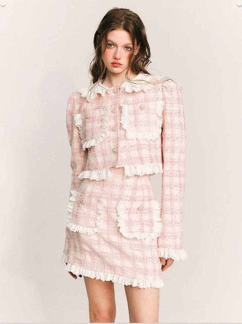 Lace Plaid Cropped Jacket & Short Lace Skirt Setup