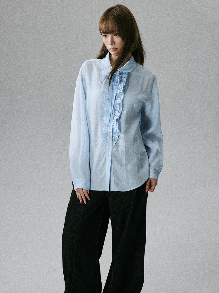 Wrinkled Lyocell Asymmetrical Bow Strap Sunscreen Long Sleeve Shirt