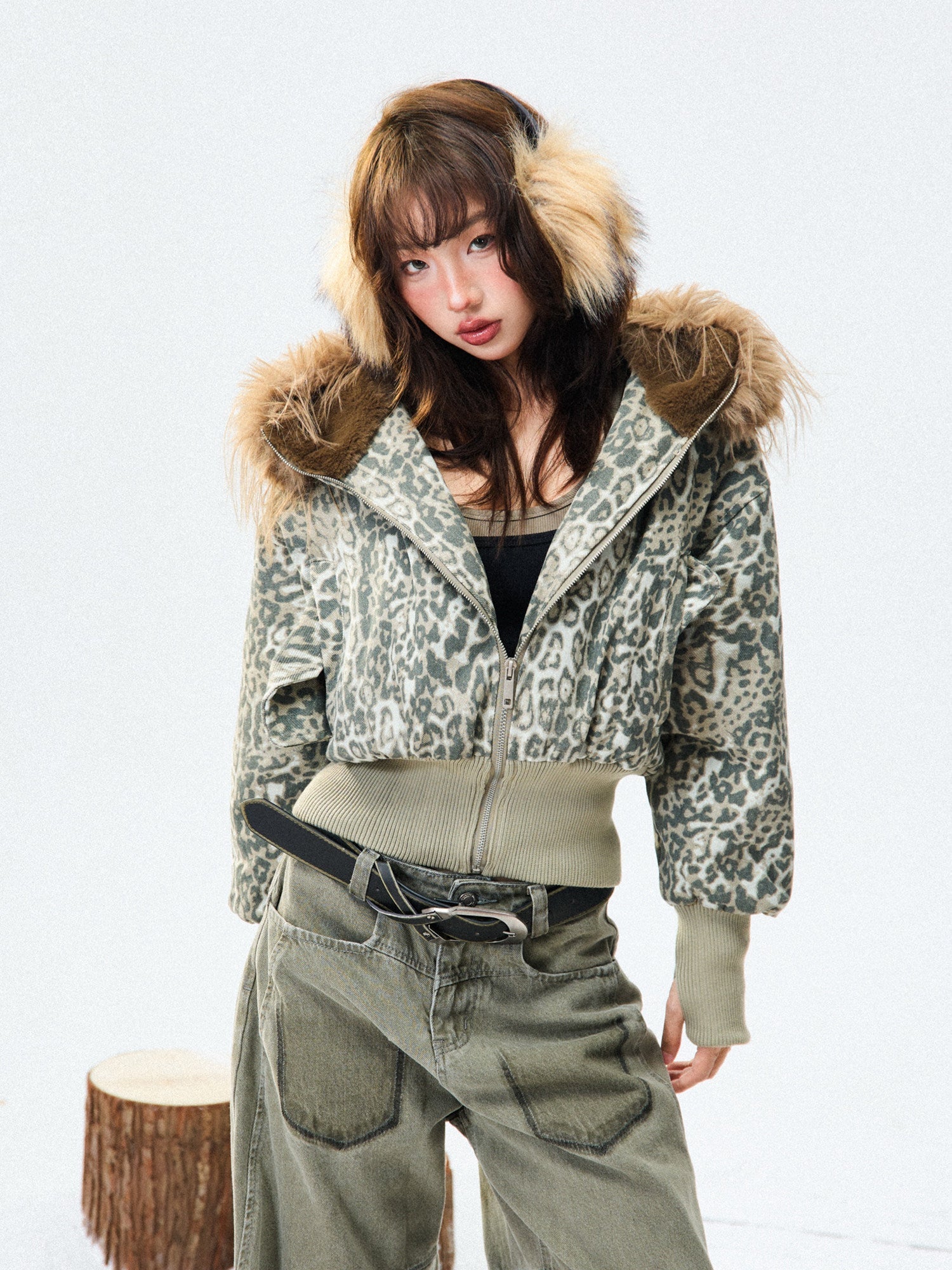 Leopard Print Fur-Trim Hood Puffer Jacket