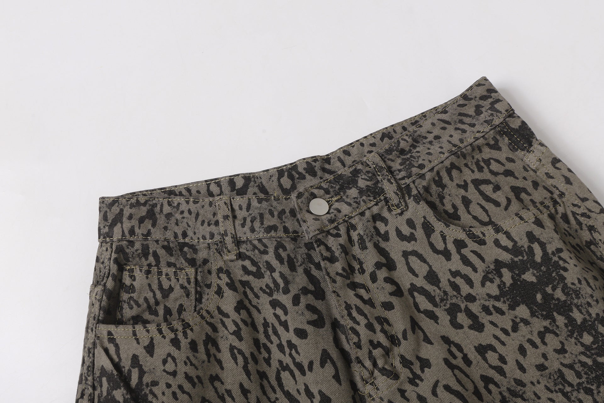 Leopard Print Curved Straight Wide Leg Denim Jeans