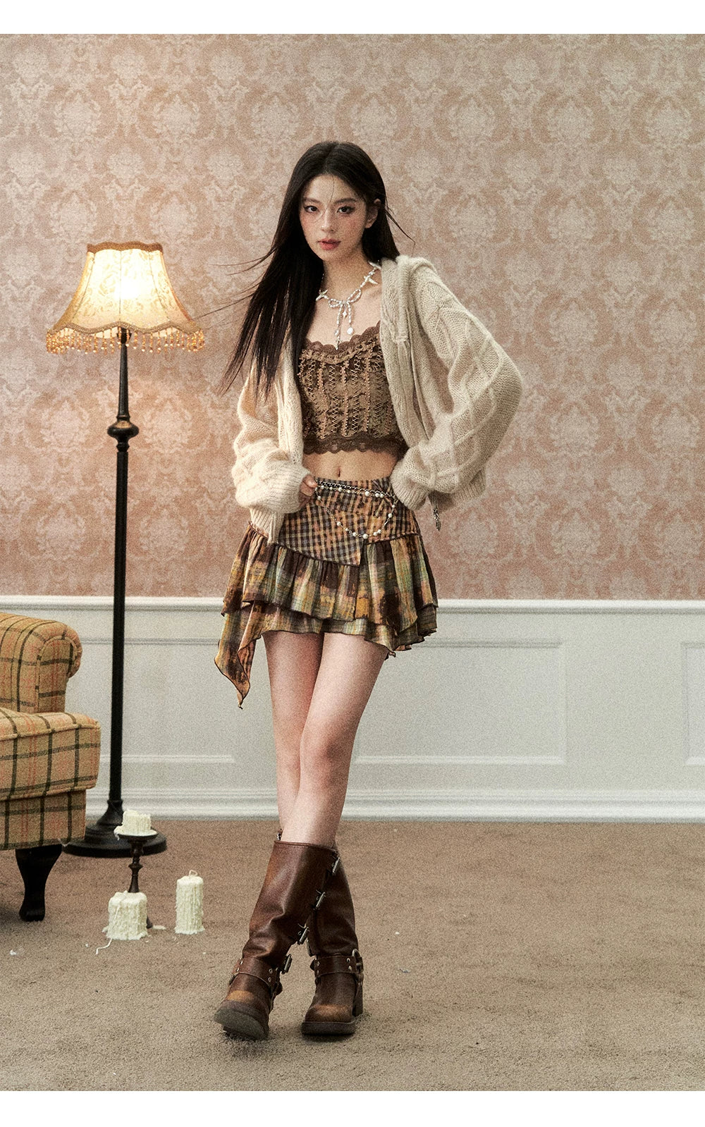 Oversize Plaid Long Sleeve Shirt & Short Skirt & Scarf Setup