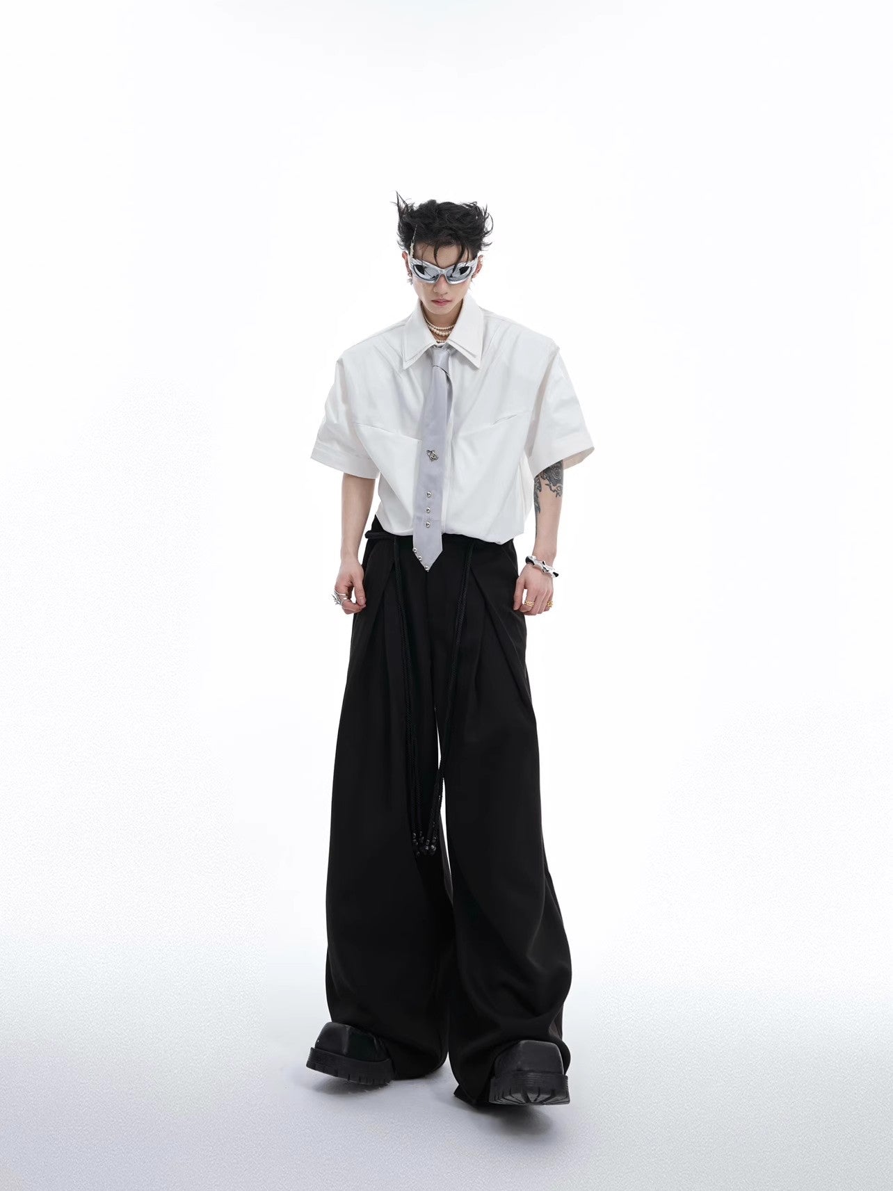 Double Layered Collar Shoulder Pads Plan Shirt