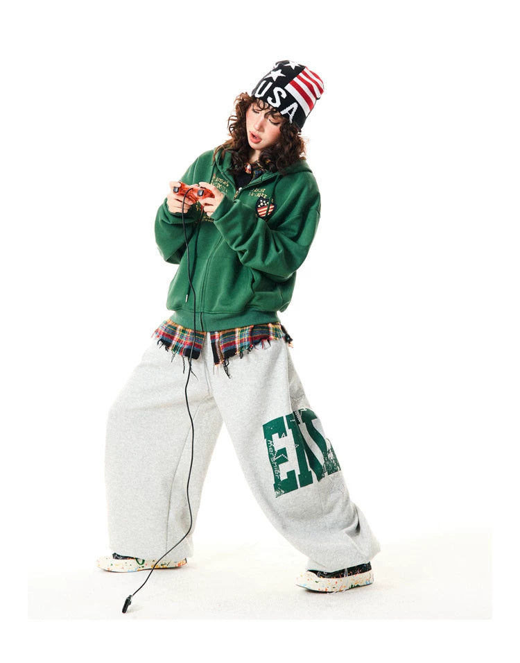 Letter Embroidery Washed Zipper Hoodie