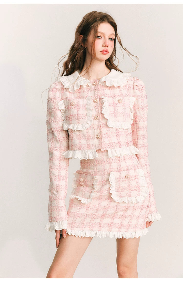 Lace Plaid Cropped Jacket & Short Lace Skirt Setup