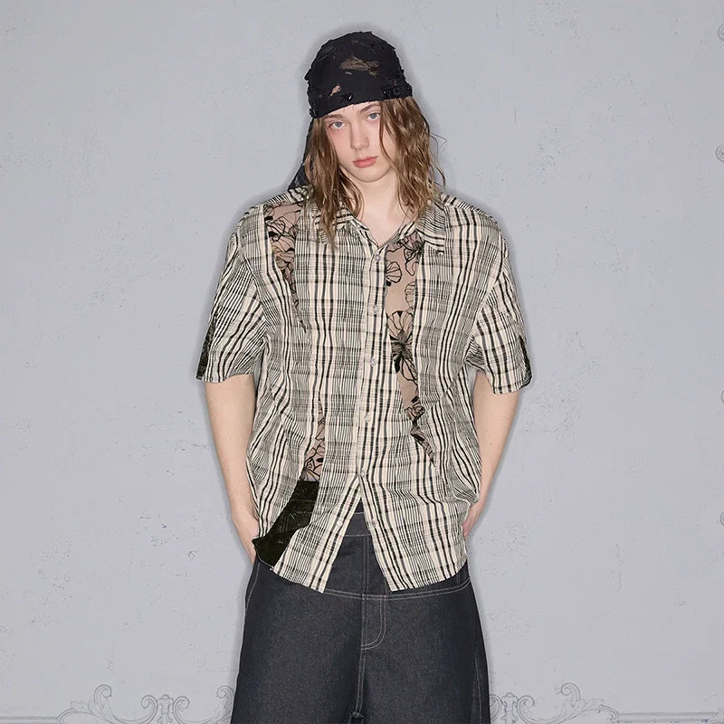 Butterfly Lace Plaid Deconstructed Short Sleeve Shirt