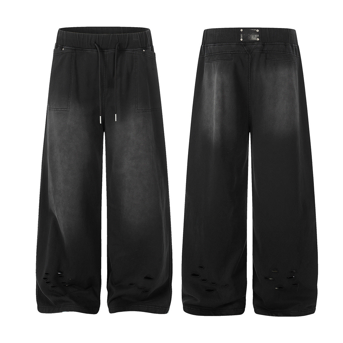 Washed Damage Drawstring Wide Leg Sweatpants