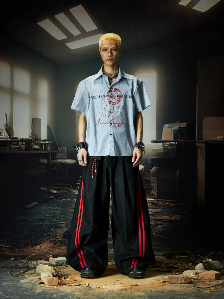 Graphic Letter Print Colorblock Stripe Oversize Short Sleeve Shirt